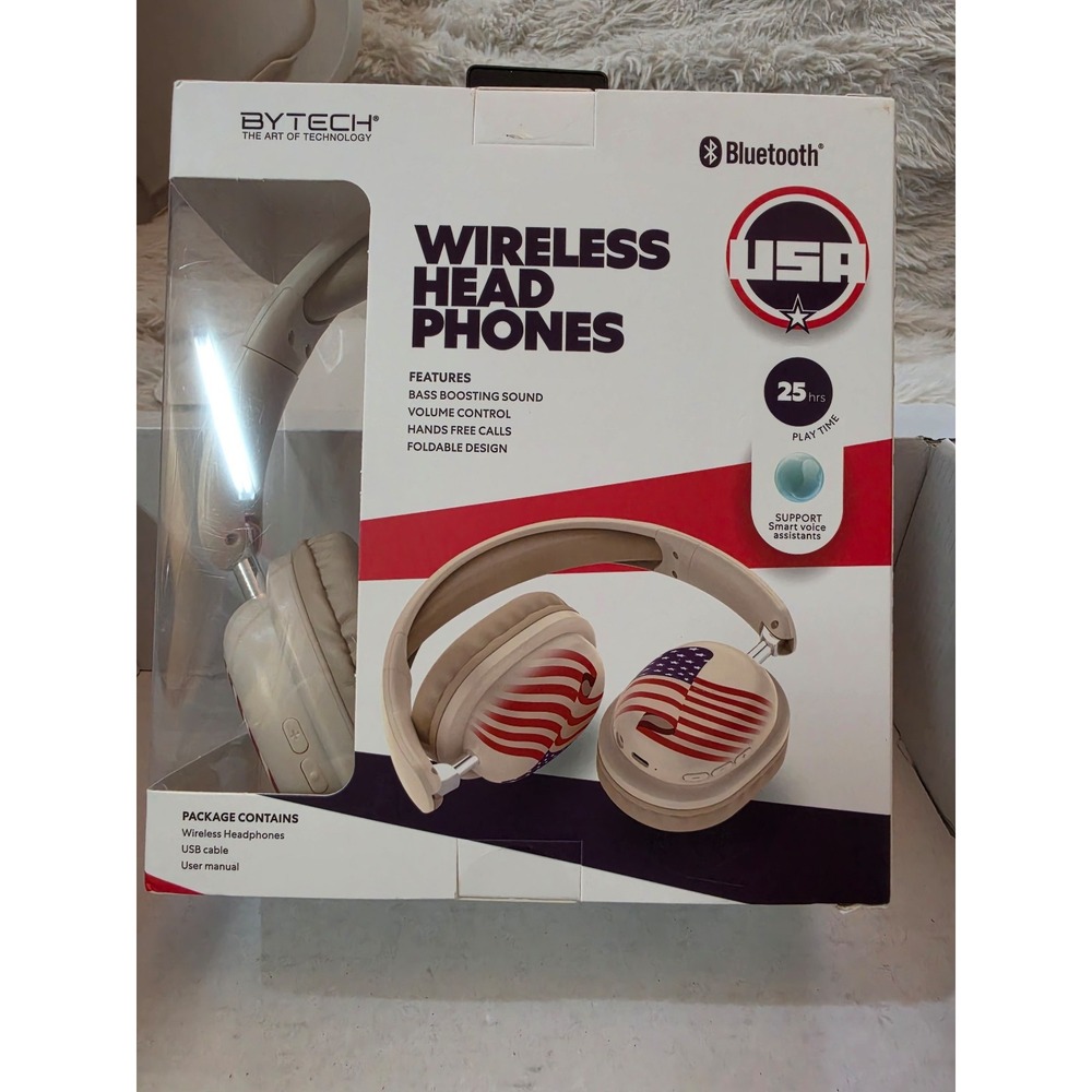 NIB Bytech USA Flag Wireless Bluetooth Headphones - 25 Hr Playtime - Foldable